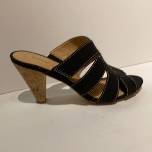 Black Cork Heel Slide Sandals w/ white contrast stitch! Size 8 1/2